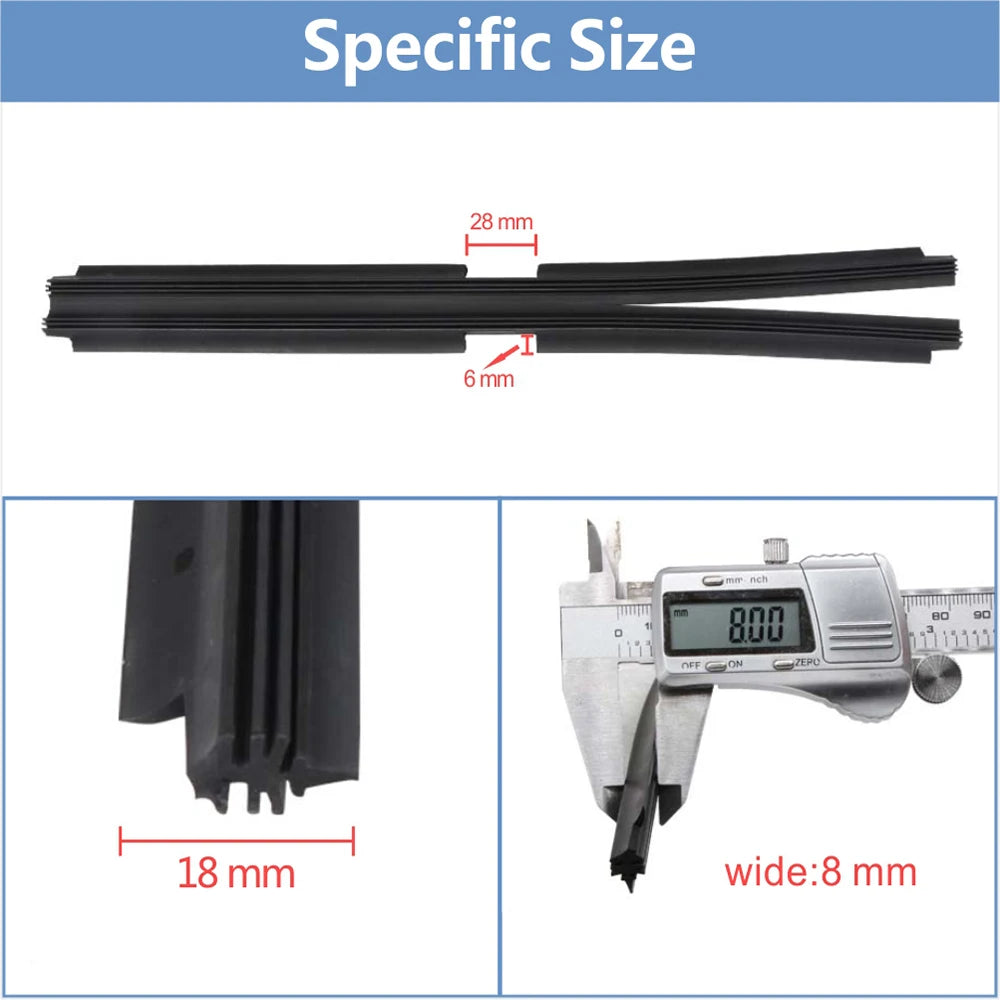 A black natural rubber wiper blade refill insert with dimensions 28 mm long and 6 mm wide.