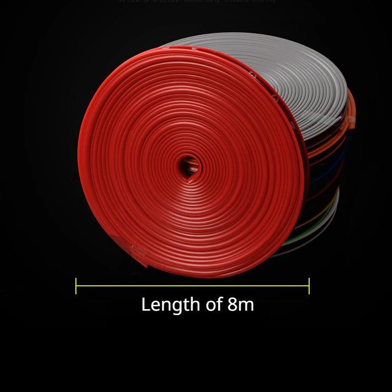 Roll of red universal car rim protector strip with a length of 8 meters