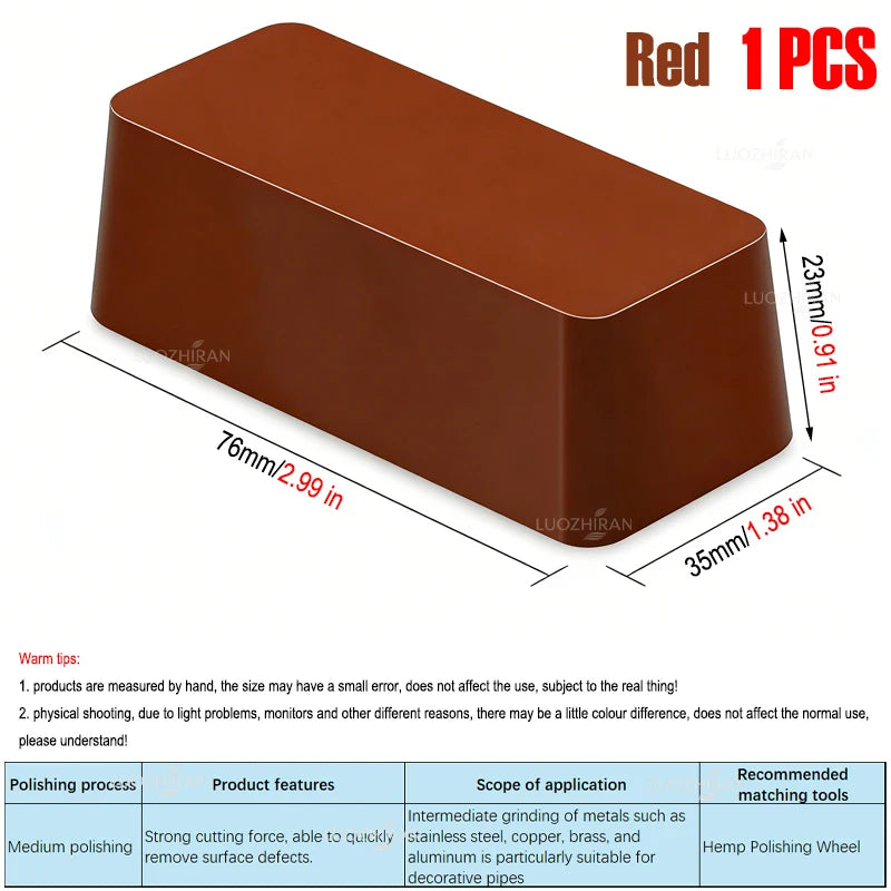 A rectangular red polishing wax bar with a smooth finish shown in a side view.