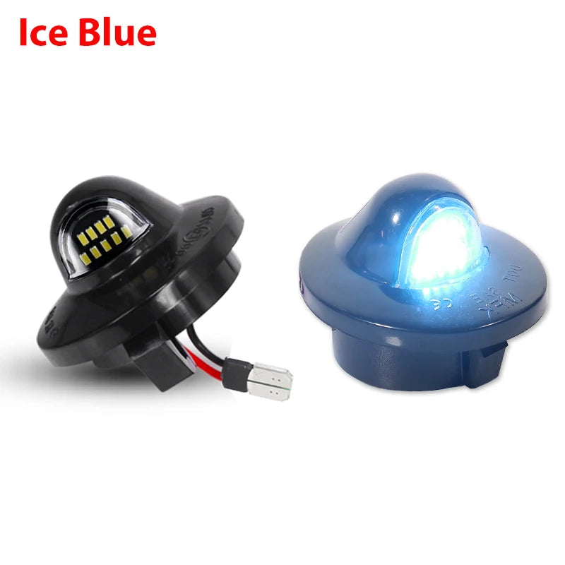 A blue high-intensity LED license plate light assembly for trucks.