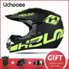 Casque de moto tout-terrain noir et jaune néon Uchoose avec accessoires.