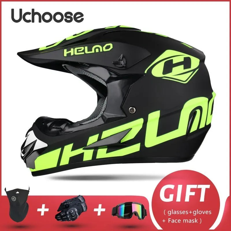 Casque de moto tout-terrain noir et jaune néon Uchoose avec accessoires.
