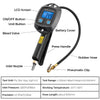 A black digital tire pressure gauge shows a reading of 34.9 and includes a bleed valve, battery cover, and rubber hose.
