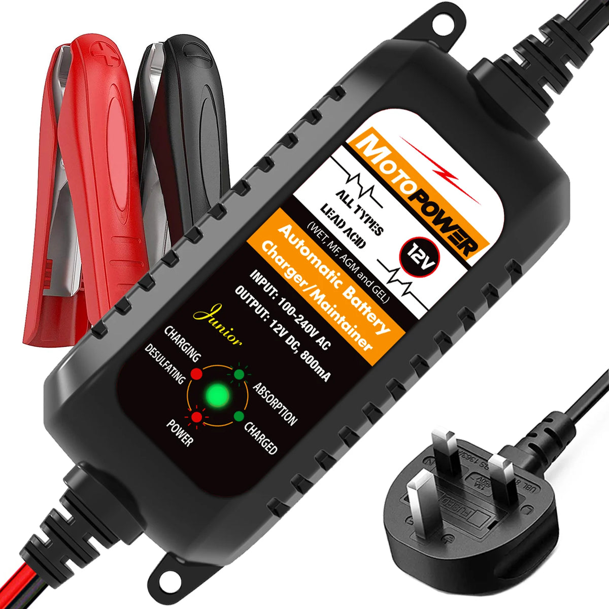 Schwarzer Motorradbatterieladegerät mit 12V-Ausgang und AC-Eingangskabel