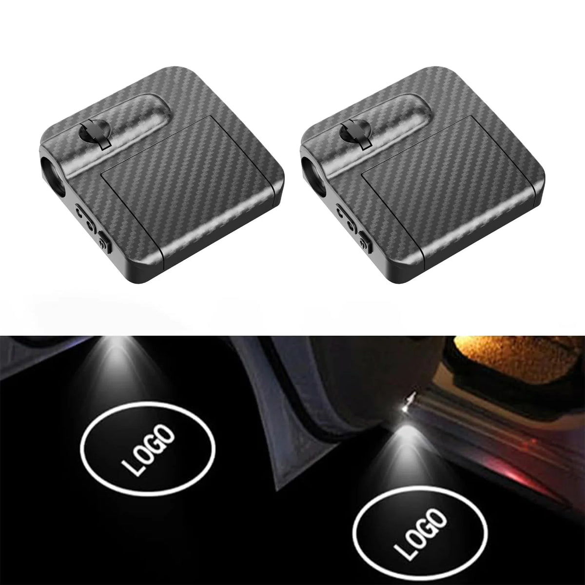 Two black wireless car door lights with a textured finish shown alongside a light beam illuminating a logo.