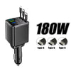 Black high-power car charger featuring multiple Type-C ports for mobile devices.
