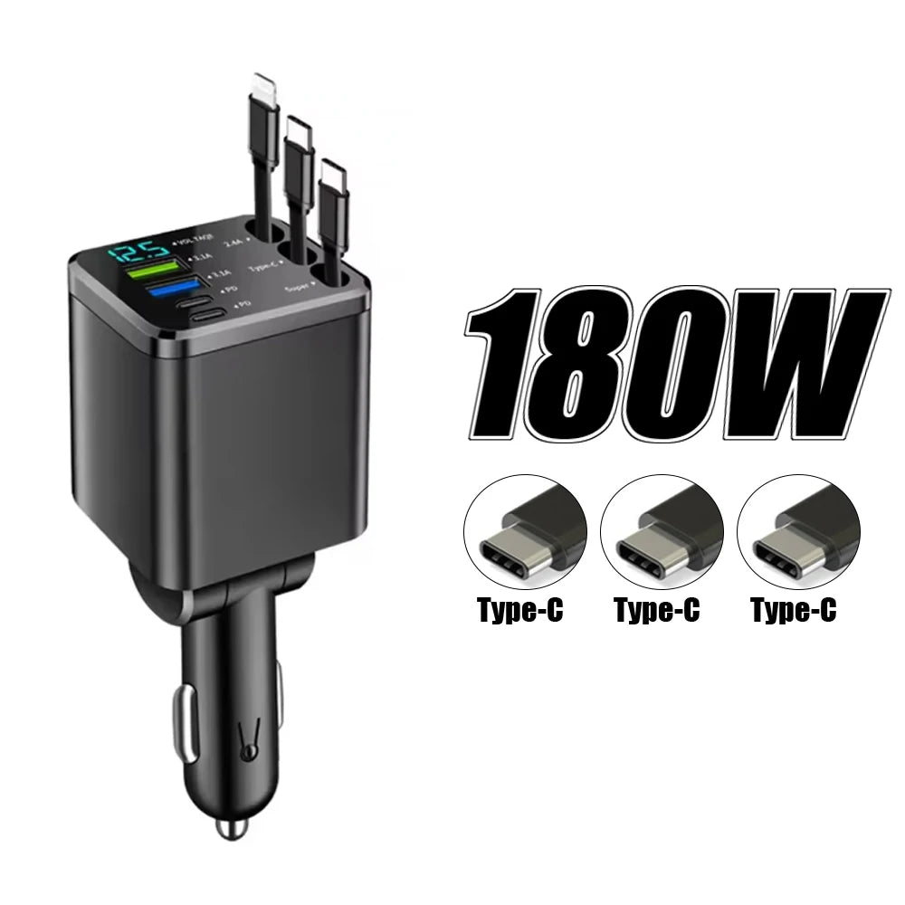 Black high-power car charger featuring multiple Type-C ports for mobile devices.