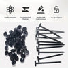 A collection of black nylon universal cable tie buckles and various sizes displayed on a white background.