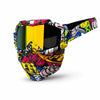 Tactical full face motorcycle goggles with colored lenses featuring a vibrant, multi-colored camouflage pattern.