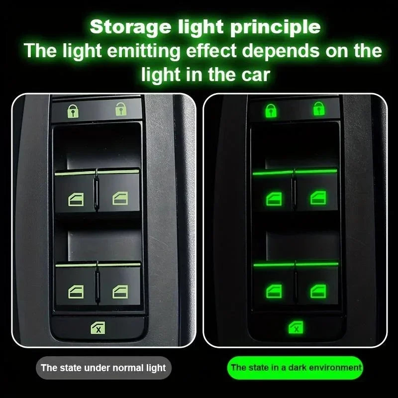 Comparison of a car window button decal under normal light and in a dark environment demonstrating the storage light principl