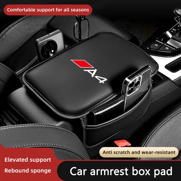Black leather car armrest box pad with storage pockets providing comfortable and durable support for all seasons