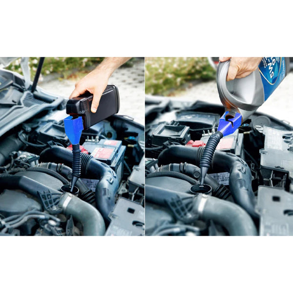 A hand is using a blue funnel to pour fuel into an engine compartment.