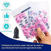 A hand holds a clear plastic kit containing small pink and blue rubber plugs for professional nail puncture repair.