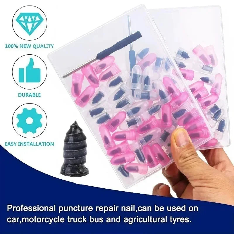 A hand holds a clear plastic kit containing small pink and blue rubber plugs for professional nail puncture repair.