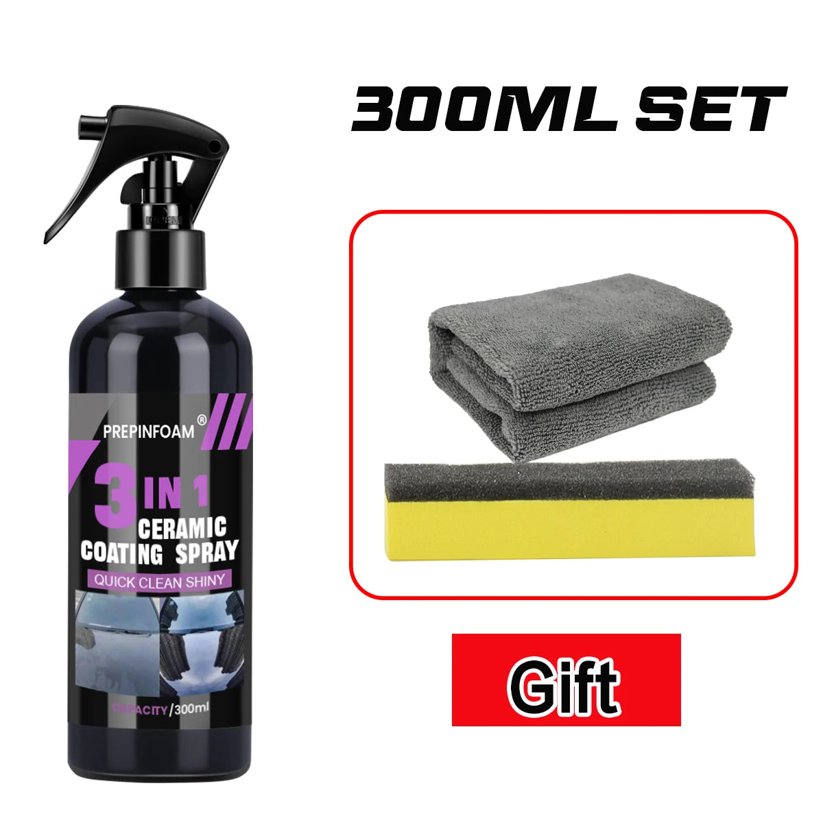 300ml set of ceramic coating spray for vehicle protection with a black pump bottle and yellow cloth
