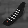 Black motorcycle seat cover with white stripes on a dark gray background.