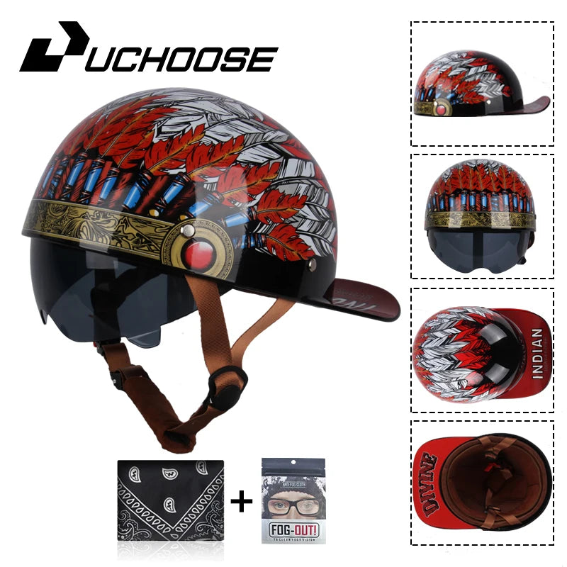 A black motorcycle helmet with a red and white leaf design, shown alongside accessories.