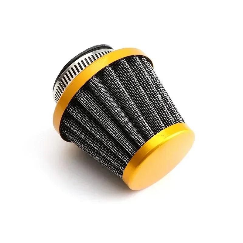 Filtre à air universel pour carburateurs de moto avec grille noire et accents dorés.