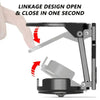 A hand demonstrates the quick open and close mechanism of a foldable motorcycle cup holder bracket.