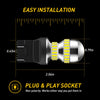 A close-up view of a universal LED bulb set for vehicle lights showing its dimensions and plug & play socket feature.