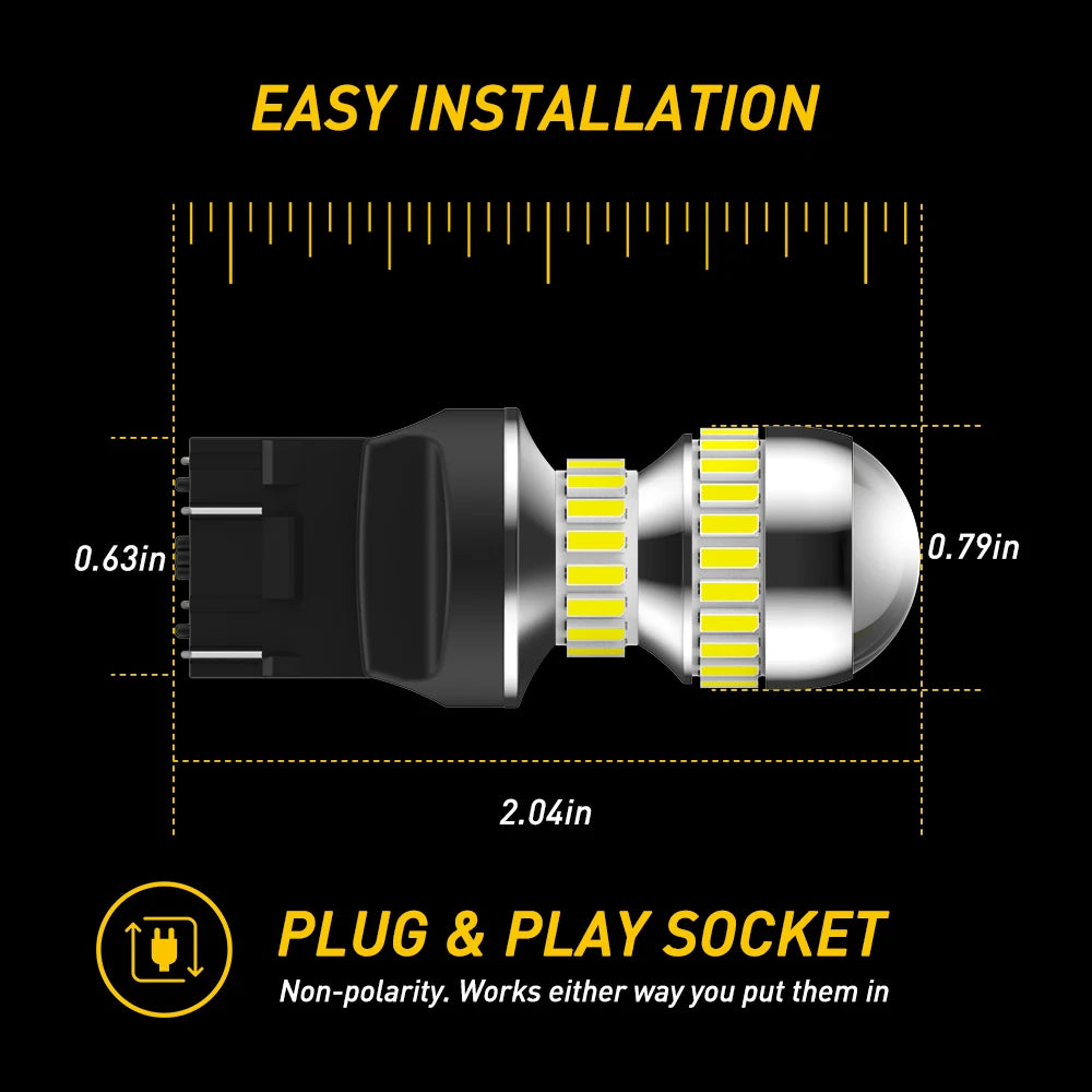 A close-up view of a universal LED bulb set for vehicle lights showing its dimensions and plug & play socket feature.