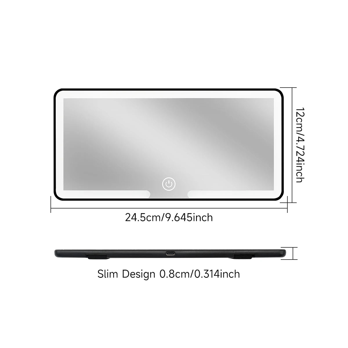 A rectangular silver HD touch screen car makeup mirror with dimensions 24.5cm by 12cm.