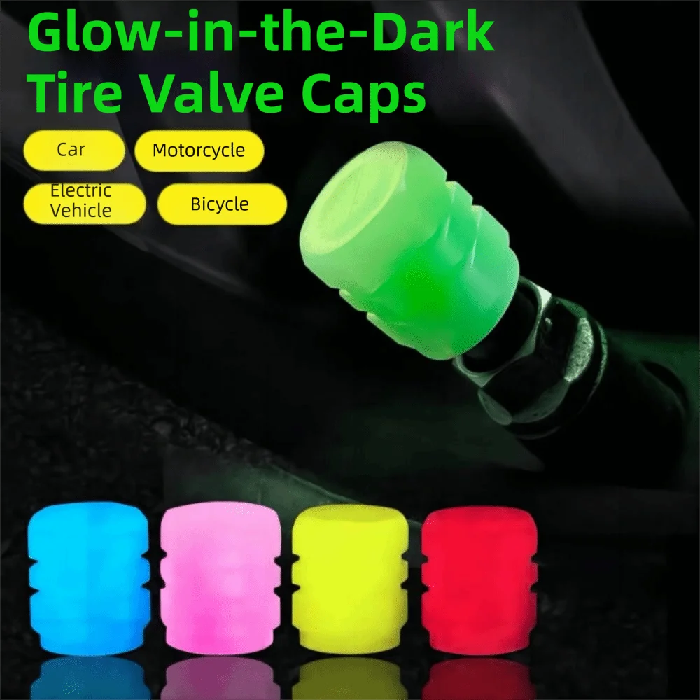 A close-up of glow-in-the-dark tire valve caps in various colors, including green, blue, pink, yellow, and red.