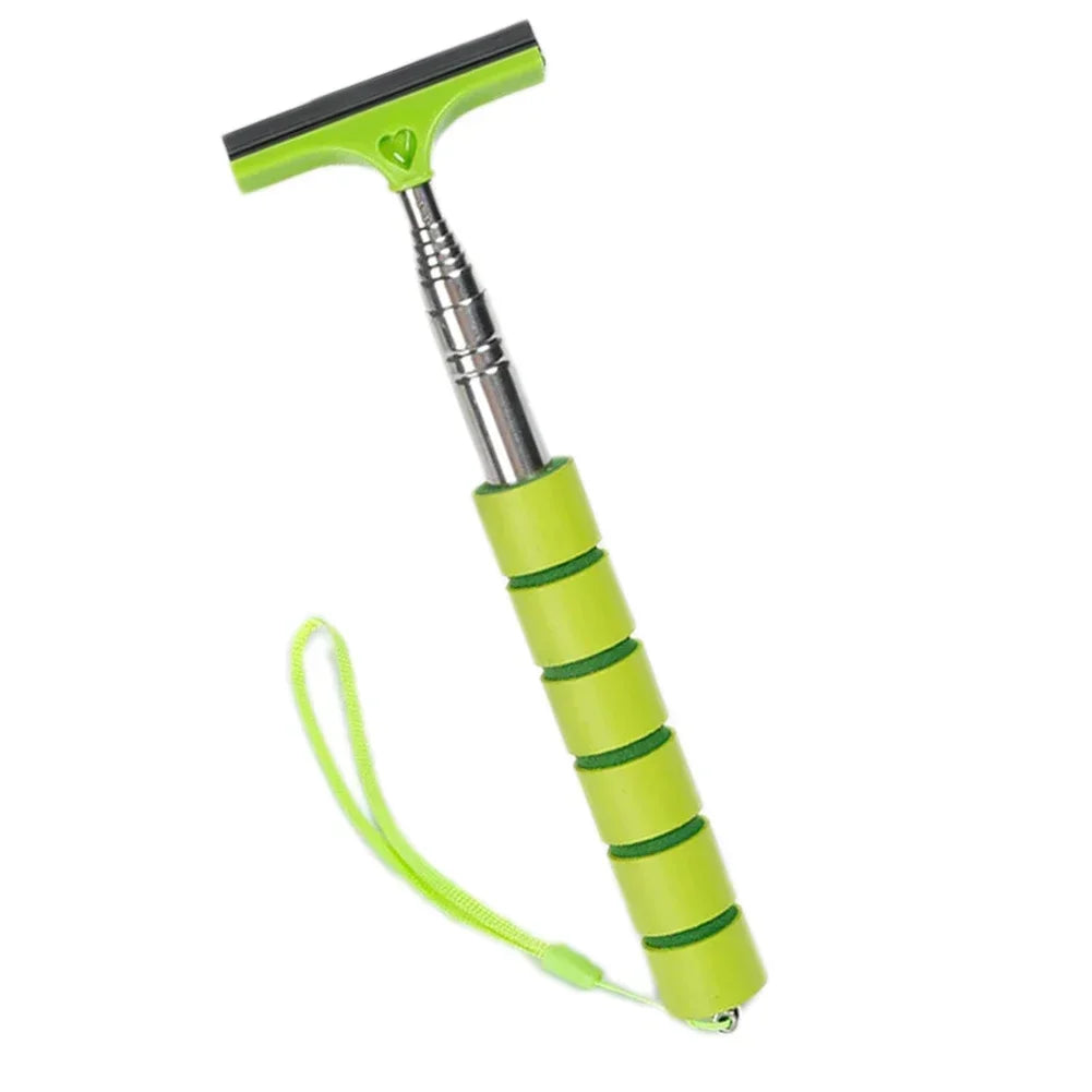 A bright lime green telescopic window squeegee with a silver handle and green rubber blade.