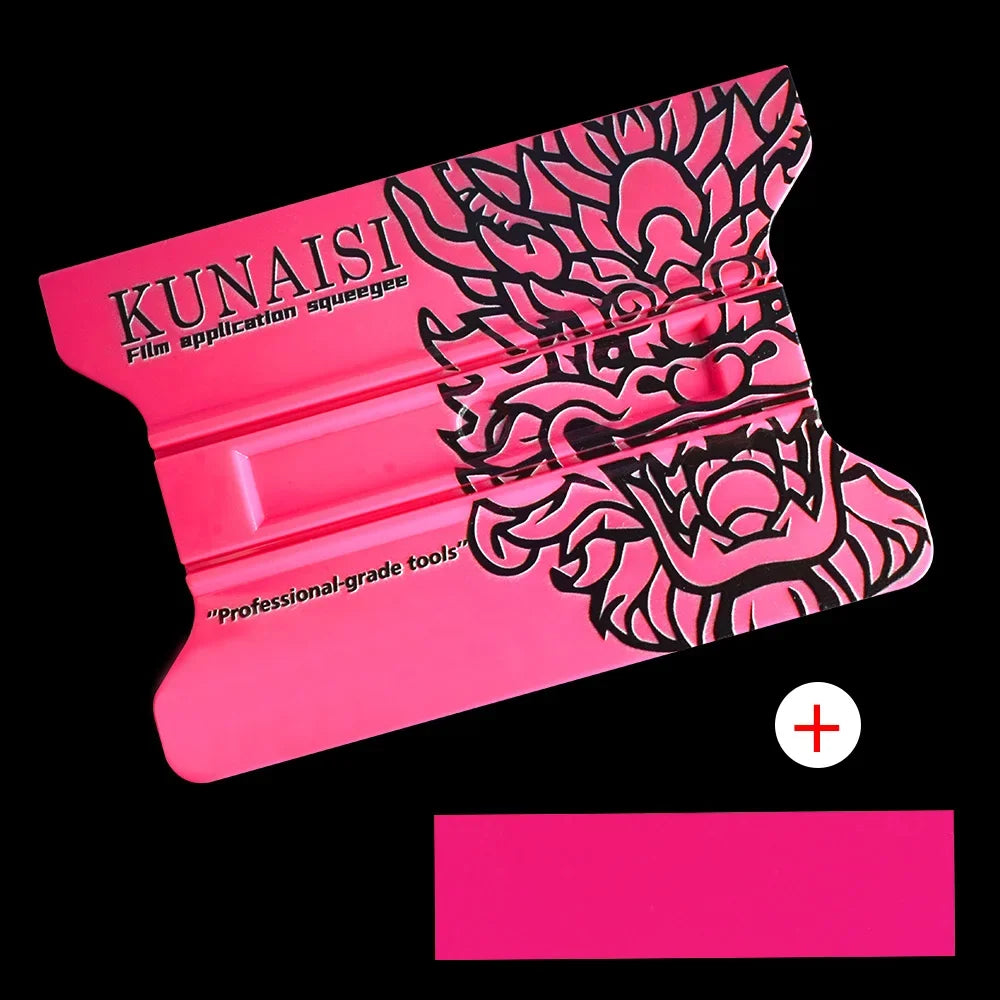 Pink film application squeegee tool with a stylized dragon design