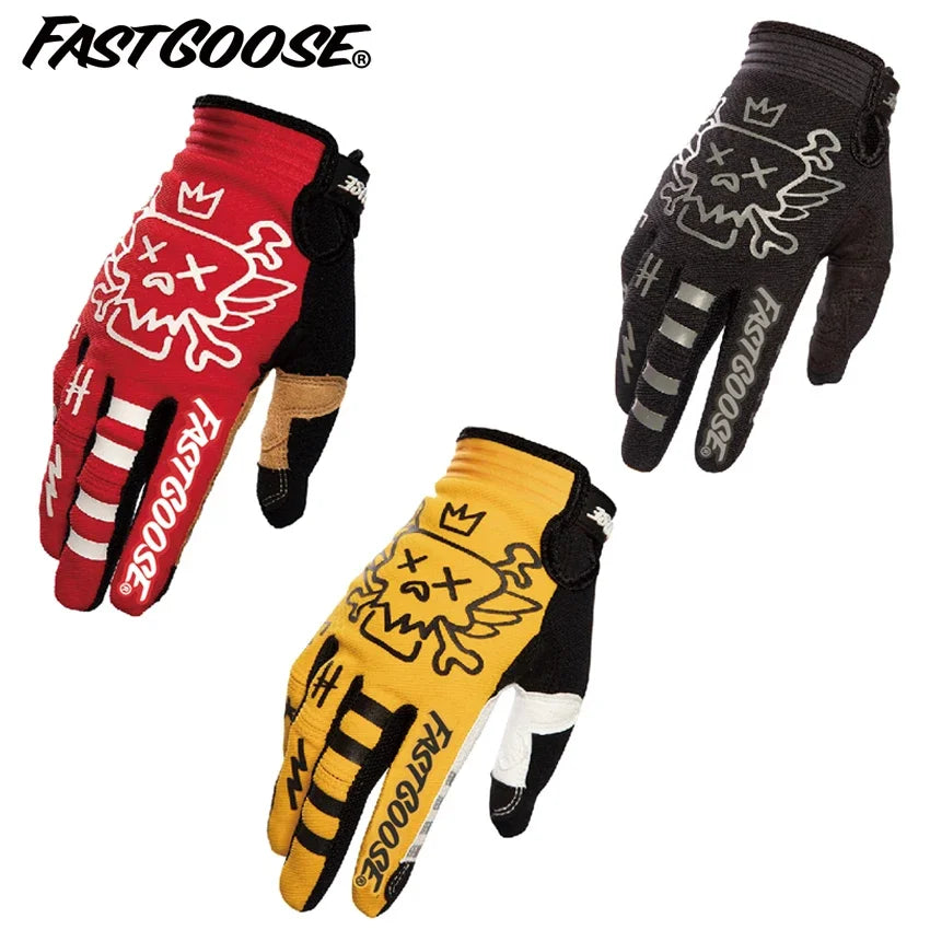 Un set de trois gants de moto FastGoose de couleur rouge, noire et jaune.
