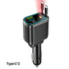 A black Type-C2 retractable car charger with a digital voltage display and a red light indicator.