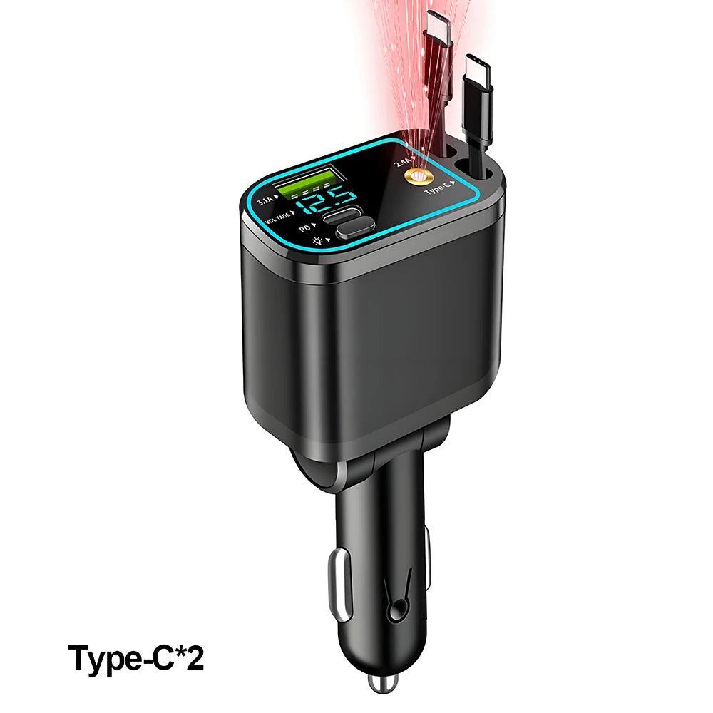 A black Type-C2 retractable car charger with a digital voltage display and a red light indicator.