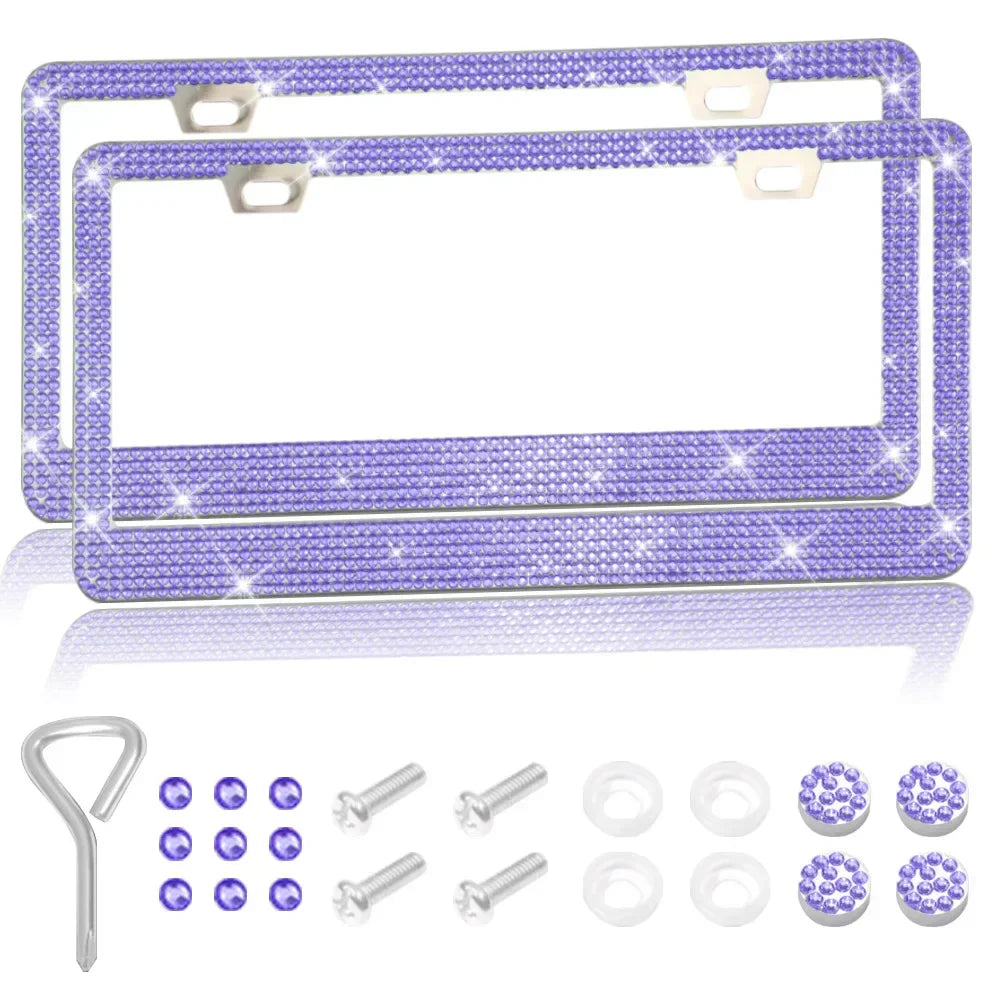 A set of dazzling crystal rhinestone license plate frames and mounting hardware.