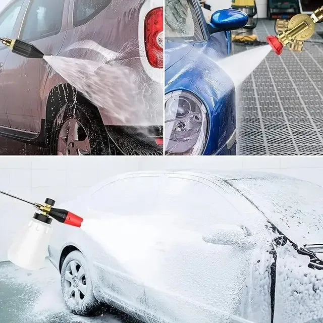A heavy duty snow foam cannon is spraying white foam onto a car's surface.