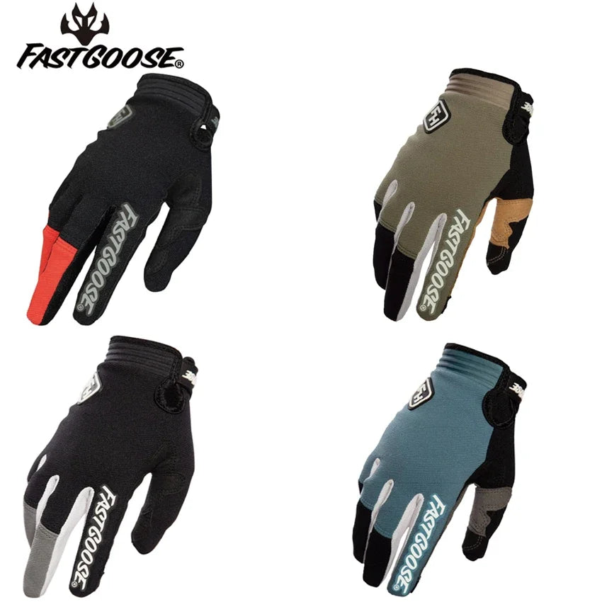 Un ensemble de gants de moto noirs, vert olive et bleus pour le cyclisme et le VTT.