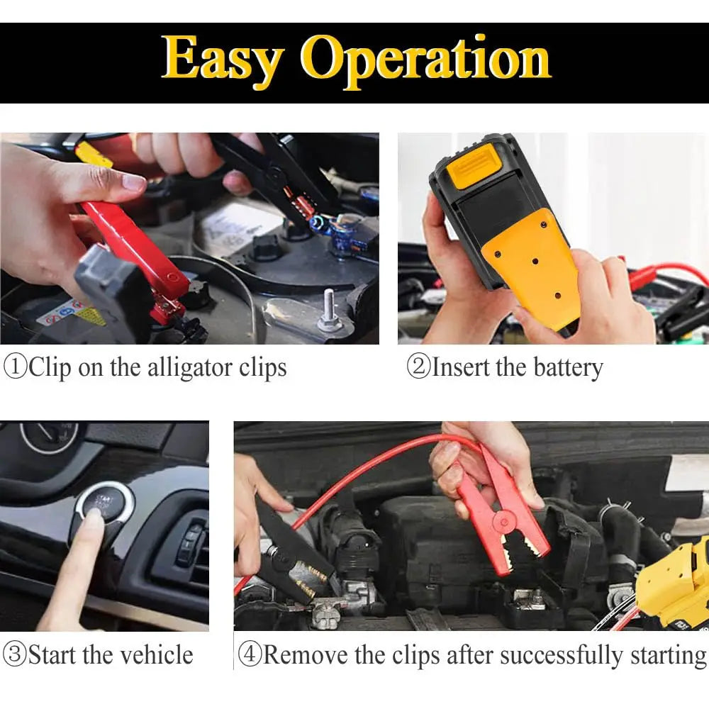 Step-by-step guide showing how to use a universal 20V battery jumper clamp for starting a vehicle.