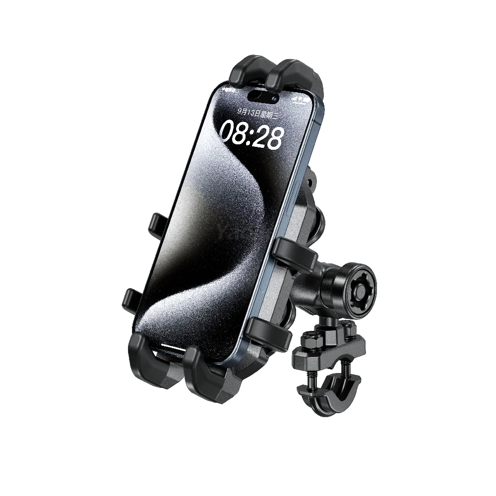 A heavy-duty motorcycle phone mount featuring a smartphone secured by a fork stem base.