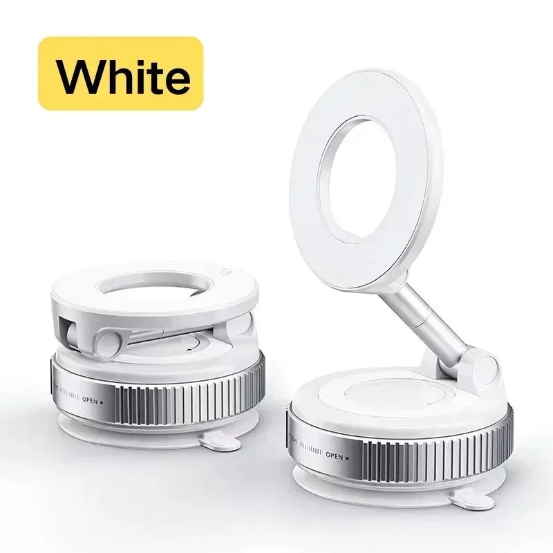 A white 360° rotating magnetic phone holder for car and desk.