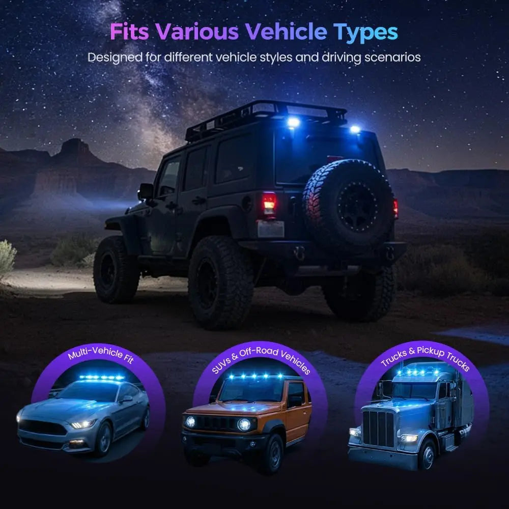 A dark off-road truck with bright blue roof marker lights is shown in a desert landscape.