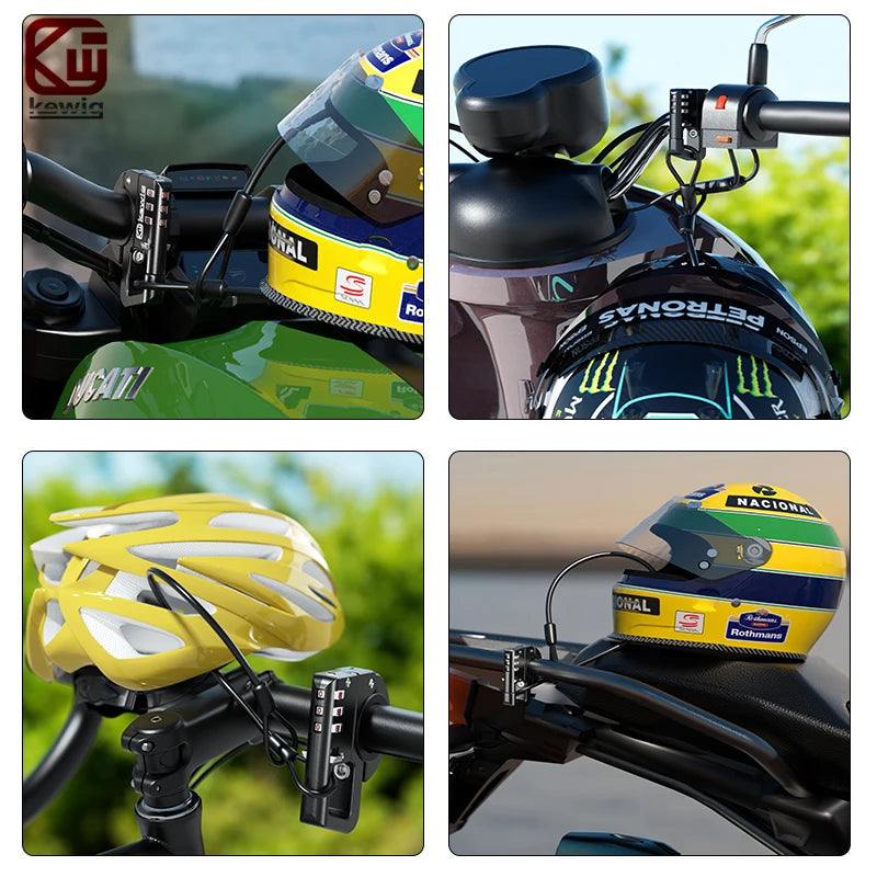 Close-up of a heavy-duty anti-theft motorcycle helmet lock securing a helmet on a motorcycle.