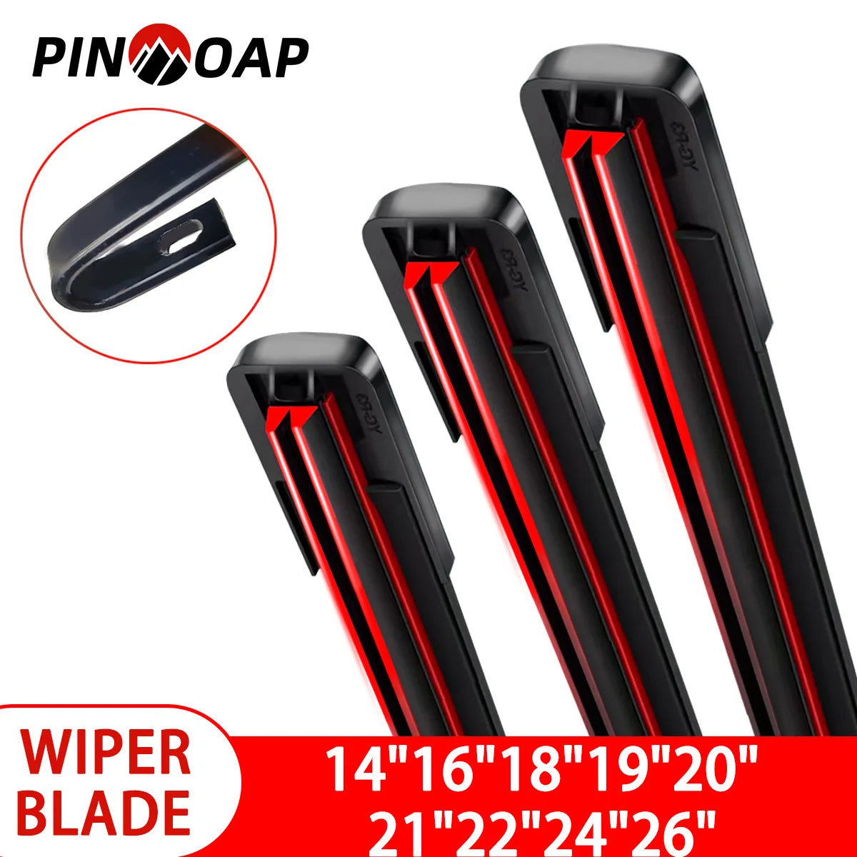 A set of universal car wiper blades with dual rubber strips shown in various sizes and angles.