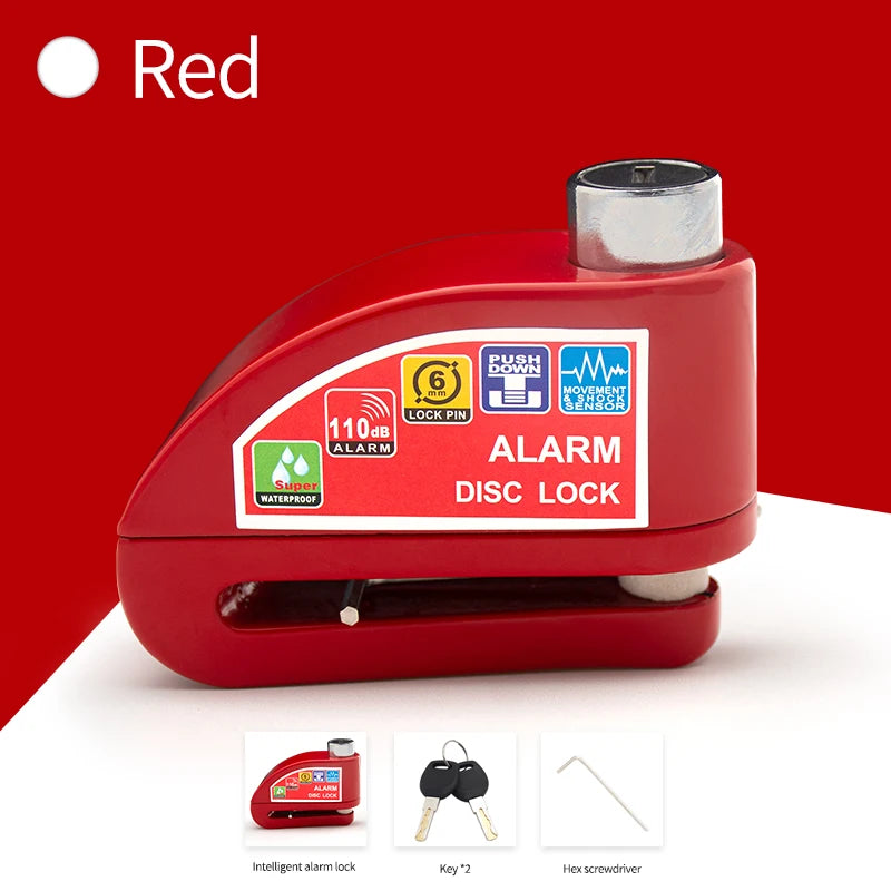 A red disc lock alarm device with a push down mechanism and lock pin, shown next to its key and hex screwdriver.