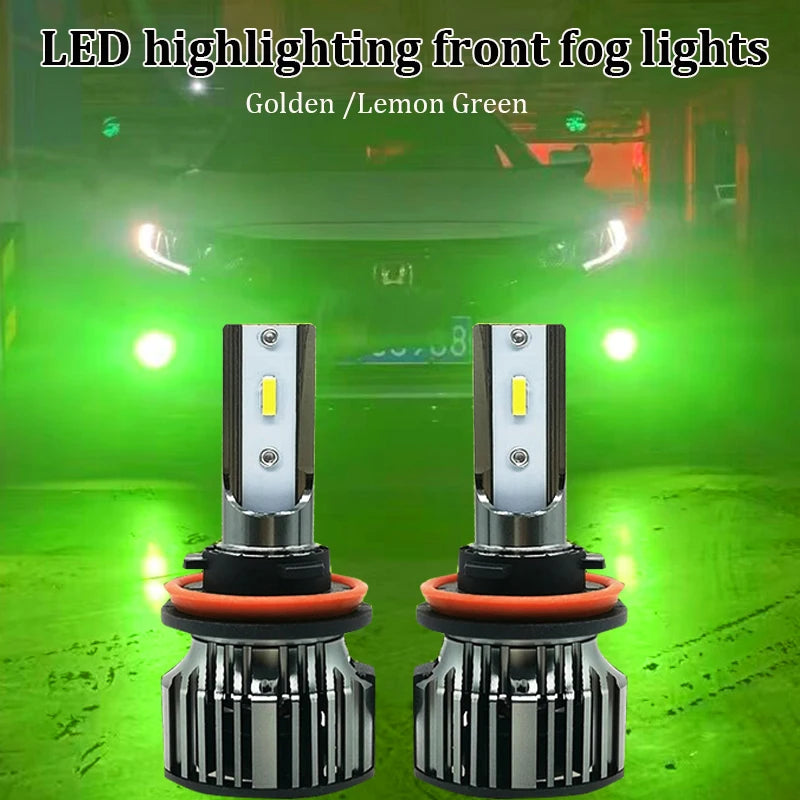 LED highlighting front fog lights in Golden or Lemon Green color installed on a car headlight assembly.