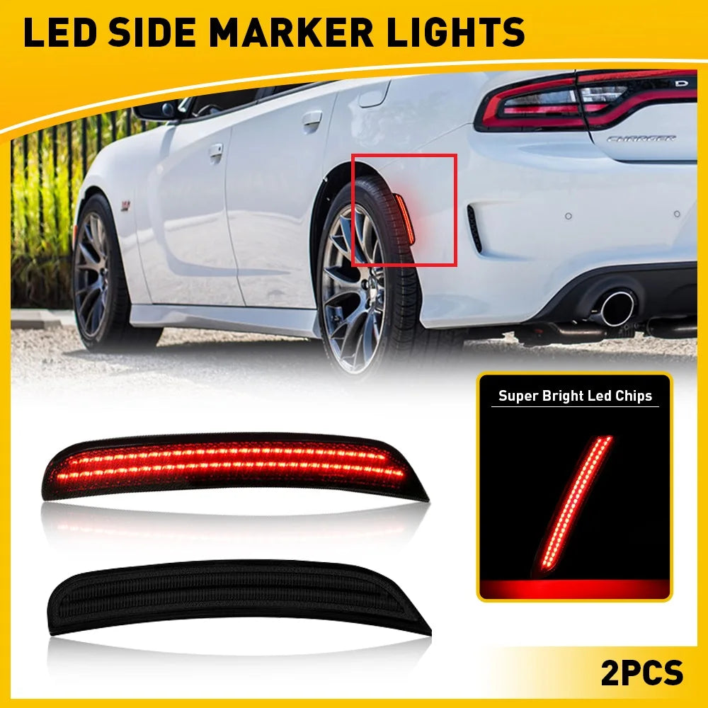 Two pairs of super bright red LED side marker lights for a white Dodge Charger