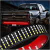 A high-intensity LED light bar is shown mounted on the tailgate of a pickup truck.