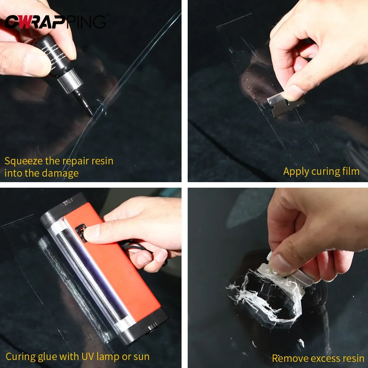 Step-by-step guide showing how to use a DIY windshield crack repair kit to squeeze resin, apply curing film, cure glue with U