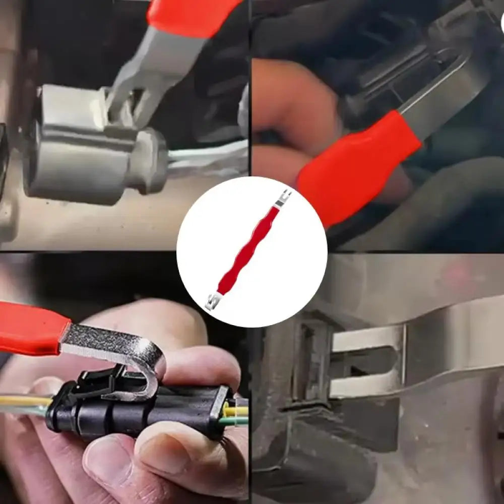 Close-up shots show a red and silver electrical terminal connector removal tool being used on a device.