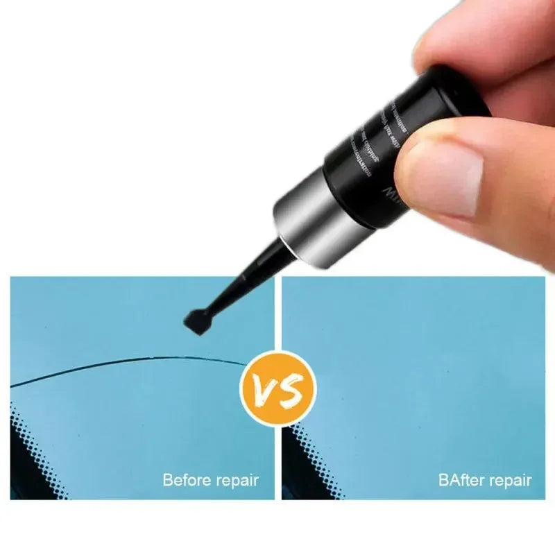 A hand is holding a professional windshield crack repair kit applicator, showing before and after results.