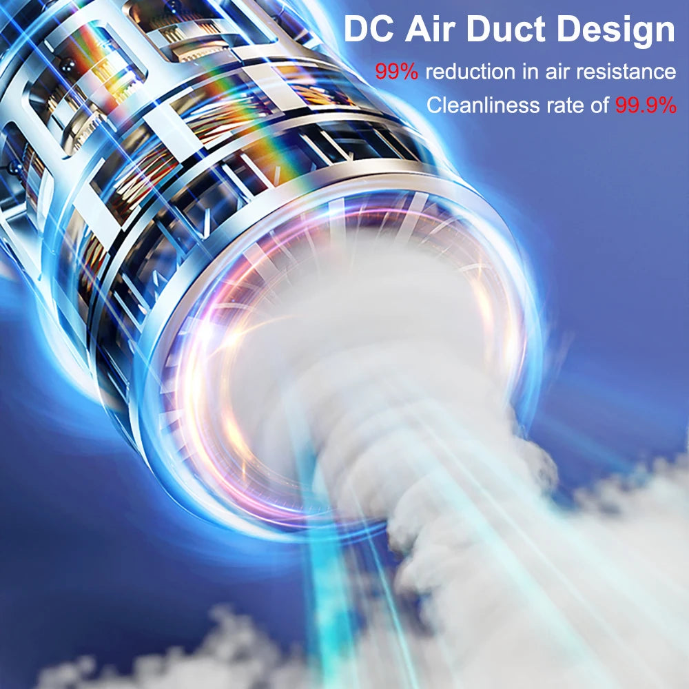 A close-up view of a DC Air Duct Design vacuum cleaner emitting a powerful stream of air.