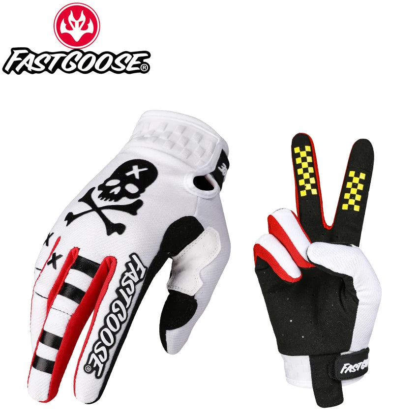 Gants de moto blancs avec motif crâne et accents noirs pour le cyclisme et le MTB